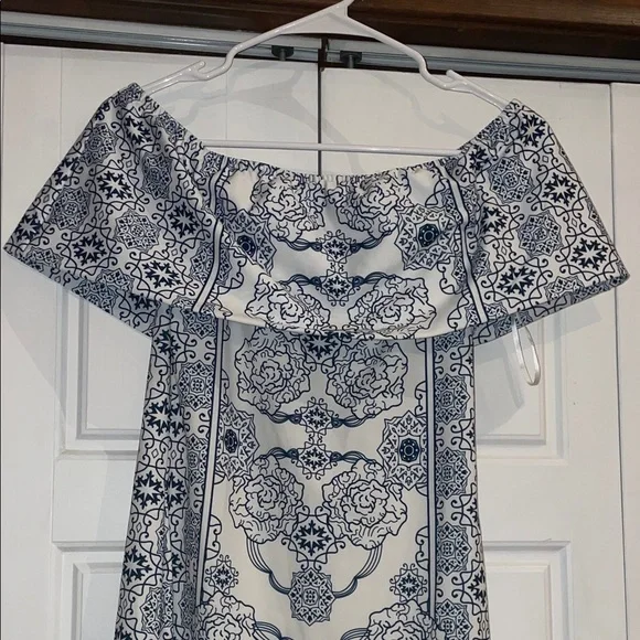 Blue and White Off-Shoulder Dress- Medium - Picture 3 of 6